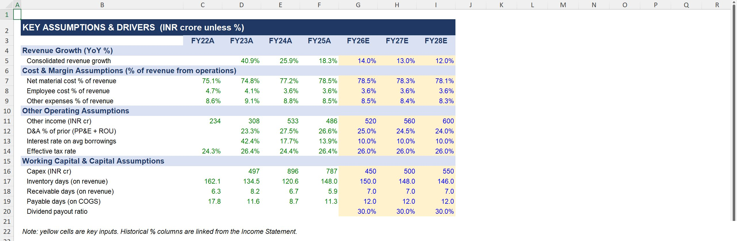 Version 1: Assumptions tab showing top-line percentage growth assumptions